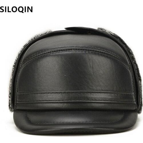 SILOQIN New Winter Mens Warm Hat Natural Genuine Leather Cap Plus Velvet Fur Bomber Hats Sheepskin Leather Thermal Earmuffs Cap