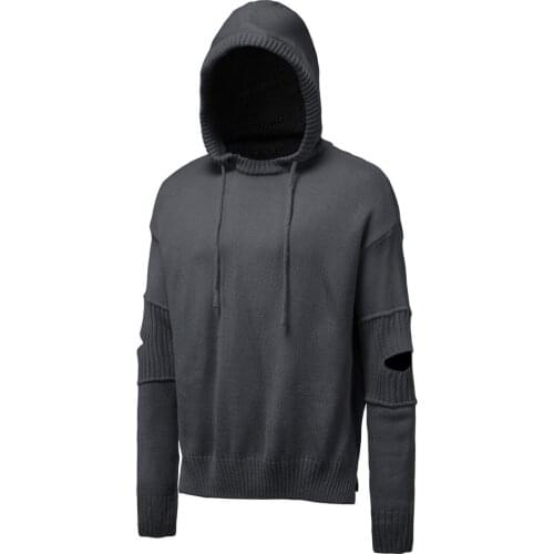 2021 New Mens Slim Knit Sweater Sleeve Sleeve Hole Sweatshirt Solid Color Hoodie Outer Wear Pullover Sweater Sweater