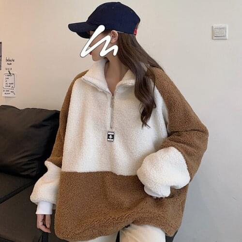 New Product Winter Lamb Wool Women Clothes Stand-up Collar Coat Sweatshirt Stitching Color Harajuku Zipper Loose Pullover Female