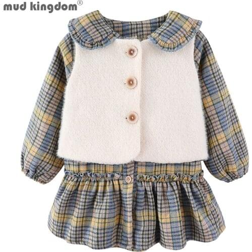 Mudkingdom New Autumn Winter Cute Princess Dress Set Baby Girl Dress Plus Velvet Warm Vest+Dress 2pcs Kid Clothes