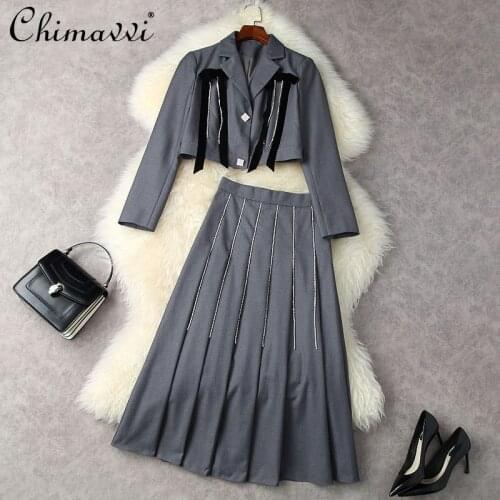 2021 Autumn Winter Womens Clothing Bow Rhinestone Tassel Short Blazer Suit High-waist Pleated Mid-length Skirt Elegant Outfit