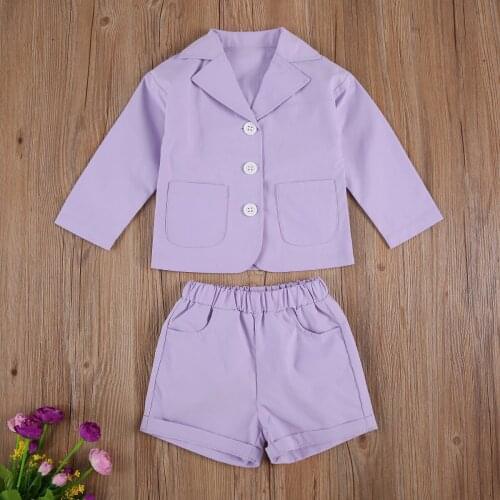 Autumn Fashion Kids Girls Blazer Clothing Sets 2Pcs Purple Solid Long Sleeve Single Breasted Coat Tops + Shorts Outfits