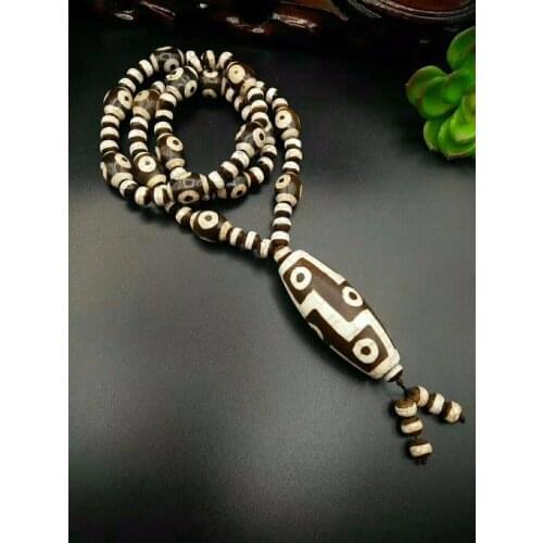 Rare Old Tibet Natural White Agate Dragon Vein Dzi Bead Amulet 9 Eyes Pendant Necklace Great Quality