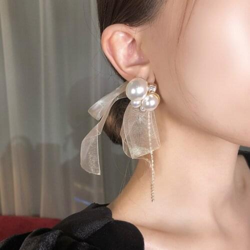 Minar Romantic Yarn Bowknot Earrings for Women Girl Simulated Pearl Tie Bow Large Statement Dangle Earrings Party Pendientes