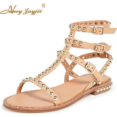 Nude Brown Black Gladiator Rivet Snadals without Heels Young Girl Concise Design Brand Round Toe Soft Sole Punk Women Shoe 2019