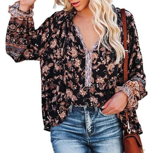 Summer Blouse Women Shirts Elegant Print Fashion Women Floral Printed V Neck Loose Long Sleeve Pullover Shirt