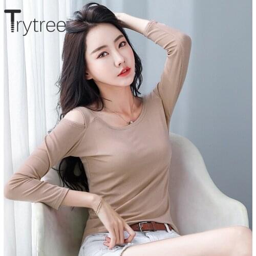 Trytree 2020 Spring Autumn Women T-shirt Casual O-neck Solid 6 Color Slim fit Simple All-Purpose Style Office Lady T-shirt Tops