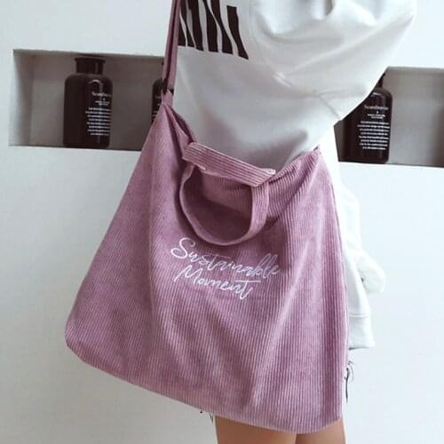 Ladies Corduroy Tote Embroidery Cotton Cloth Shoulder Bags for Women Fashion Crossbody Bags Female Eco Zipper Handbag