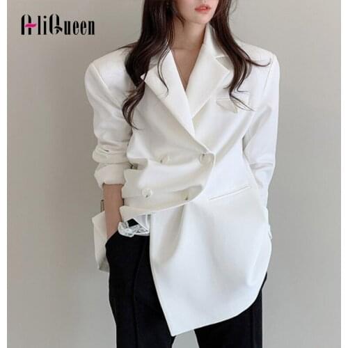 Spring Autumn Women Black Blazers Jackets Female Chic Pocket Double Breasted Office Style White Midi Blazer Ladies Casual Coat