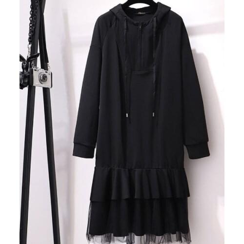 2XL-6XL Autumn Plus size Hoodies Dress Winter Women Loose Hooded Sweater Dress Long Sleeve Large Size Black Mesh Dresses DB181