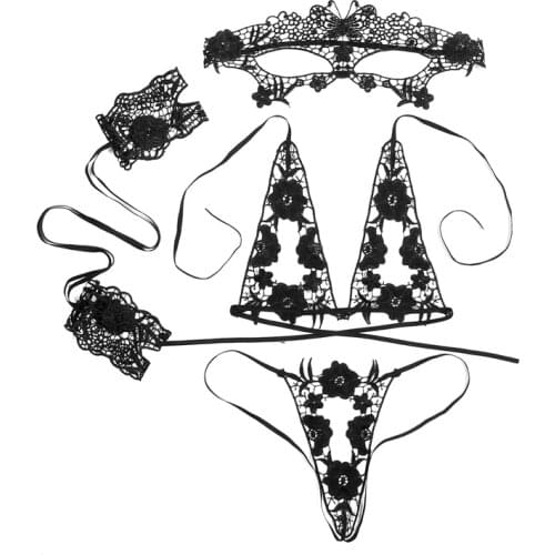 4pcs Set Underwear Purple Sexy Lingerie Bra Open Crotch Lace Sexy Mask Hot Transparent Babydoll Dress Erotic Costumes