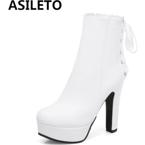 ASILETO 2021 Fashion Ladies Ankle Boots Zip Lace Up Platforms Mature Nightclub Round Toe Block Heel White Yellow Black A4520