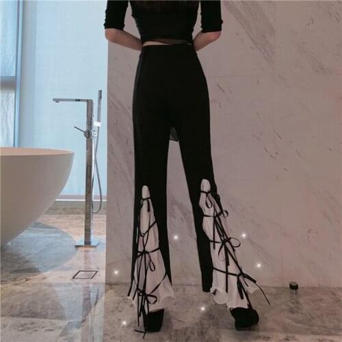 Women Korean Flare Pants 2021 New Fall Chiffon High Waist Bell-bottom Pants Casual Stitching Strap Trousers Fashion Office Lady