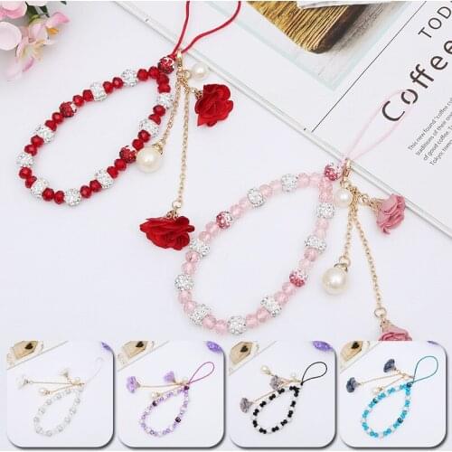 New Beaded Mobile Phone Chain Imitation Pearls Flowers Pendant Lanyard Short Hand Strap Phone Case Hnaging Decoration Wrist Rope