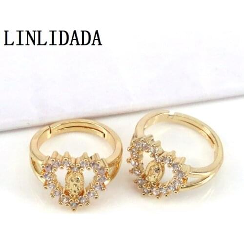 10Pcs Gold Plated Virgin Mary Open Rings For Women CZ Pave Heart Cuff Ring Adjustable Cubic Zirconia Wholesale Jewelry