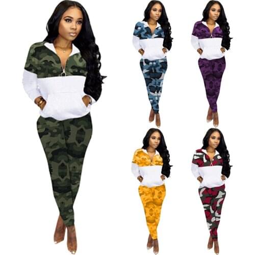 Cutubly Camo Two Piece Outfits Women Turn-Down Collar V-Neck Top Slim Pant Set New Style Autumn Winter Casual Women Set