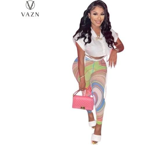 VAZN 2021 Autumn High Street Shirt Set Sexy Young Short Sleeve High Waist Long Pencil Pants Skinny Women 2 Piece Set