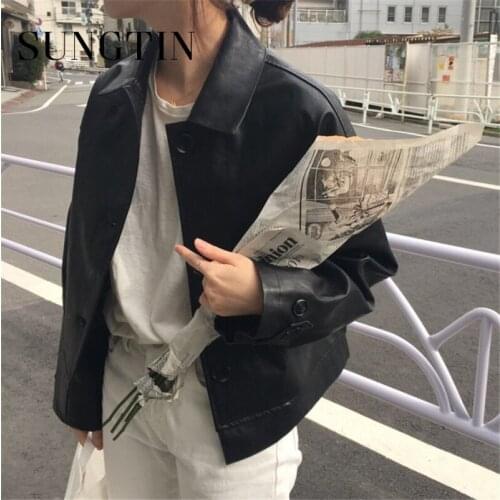 Sungtin Faux Leather Jacket Women Loose Black Vintage Motorcycle PU Coats Female Cropped Outwear Chic Streetwear 2021 Korean New