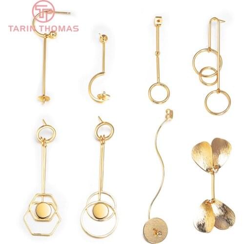 4PCS 10x77MM 24K Gold Color Plated Brass Round with Rod Charm Stud Earrings High Quality DIY Jewelry Making Findings