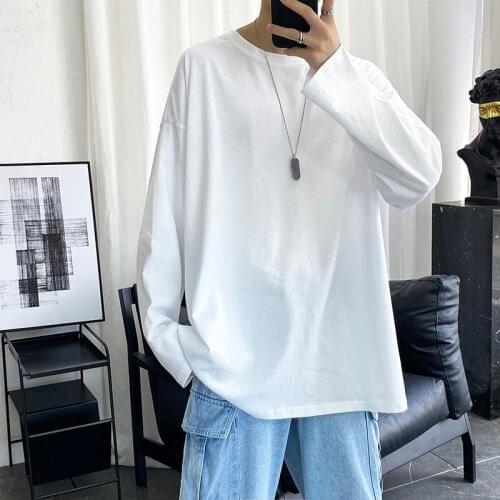 Summer Men Long-Sleeved T-Shirt Loose-Fitting Hong Kong Fashion Trend Solid Color Tops Casual O-Necked Bottoms Tees