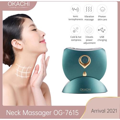 Neck Massager OKACHI GLIYA 2021 Arrival Facial Massage Skin Firming Wrinkle Removing Vibration Cold Hot Compress LED EMS Therapy