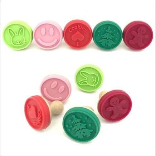 Cartoon Silicone Cookie Stamp Cutter Cookie Seal Mold With Wooden Handle Christmas Tree DIY Handmade Print Mold Biscuit Decor