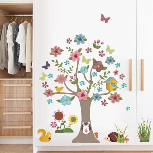Cartoon Forest Animals With Floral Tree Wall Sticker For Kindergarten Kids Room Bedroom Home Decor Mural Art Diy Pvc Decal