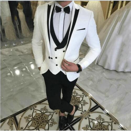 2020 Fashion White Blazer 3 Pieces Peaked Lapel Mens Dinner Party Prom Suits Groom Tuxedos Groomsmen Wedding Suits For Men