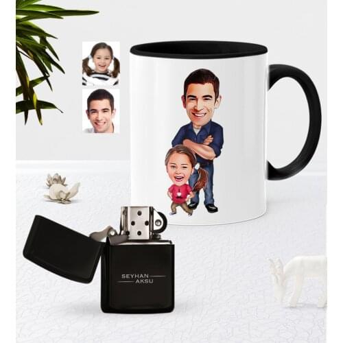 Personalized Dad Girl Caricature Of Black Mug Cup Gasoline Lighter Seti-1