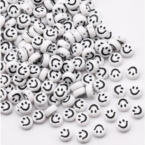 7mm Flat Round White And Black Smiley Face Acrylic Beads Loose Spacer Beads For Jewelry Making DIY Handmade Bracelet Accessories