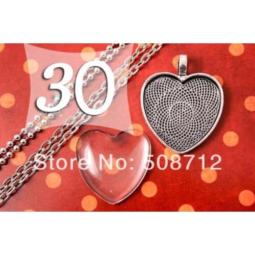 30sets DIY 1 Inch Pendant Kits Antique Silver Heart 25 mm Pendant Tray with matching Chain and Glass