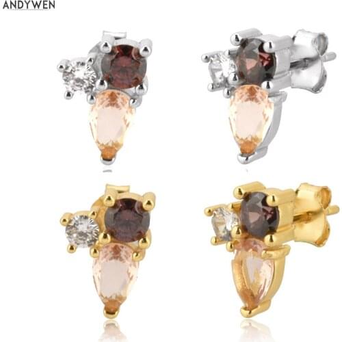 ANDYWEN 925 Sterling Silver Champagne Rhodolite Zircon Stud Earring Ovals Piercing Ohrringe Women Luxury Fashion Pendientes