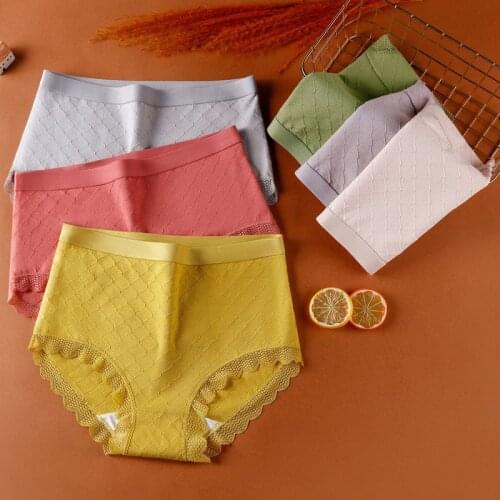 Elifashion Autumn Winter Net Jacquard Lace High Waist Briefs Breathable Solid Color Cotton Women Underwear Panties
