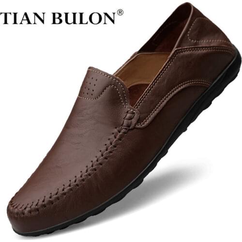 Genuine Leather Mens Shoes Casual Luxury Brand Men Loafers Moccasins Breathable Slip on Male Driving Shoes Brown Plus Size 37-47