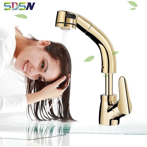 Pull Out Lifting Basin Faucets Quality Brass Pull Out Bathroom Mixer Faucets Deck Mounted Hot Cold Lifting Pull Out Basin Faucet