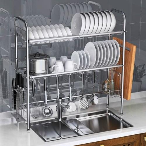 High Quality 304 Stainless Steel Dish Rack Sink Drain Rack Kitchen Racks Pool Drying Bowl Filter Water Dish Rack 2 Layer Home