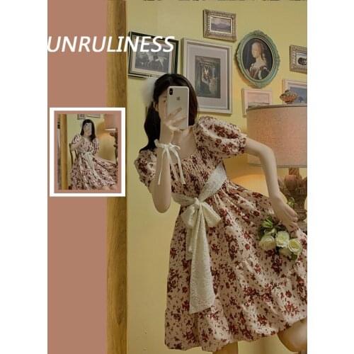 High-End Customization Summer New Arrival French Style Red Floral Big Size Vintage Square Collar Dress Loose Cool Slightly Fat