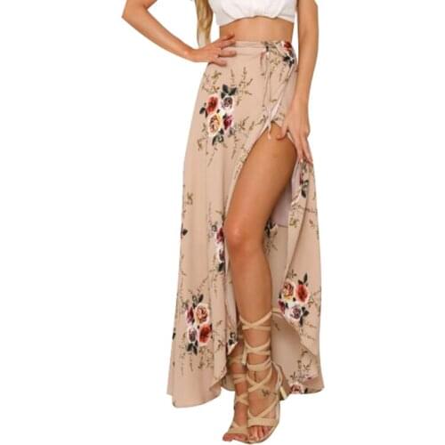 Women White Irregular Long Skirt 2021 Summer Boho Vintage Floral Print Side Slit Wrap Maxi Skirt Girl Waist Skirts female