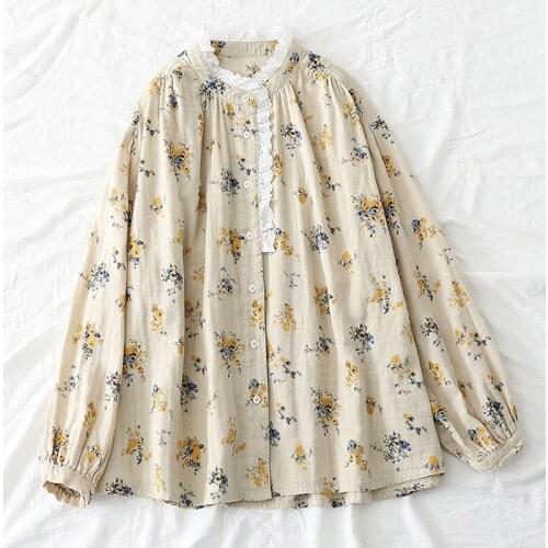 Johnature 2021 New Vintage Floral Print Ruffles Collar Mori Girl Womens Tops And Blouses Spring Autumn Loose Shirts