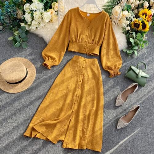 Net red fashion autumn two-piece female v-neck short waist flared sleeve top female + high waist slim half-length skirt