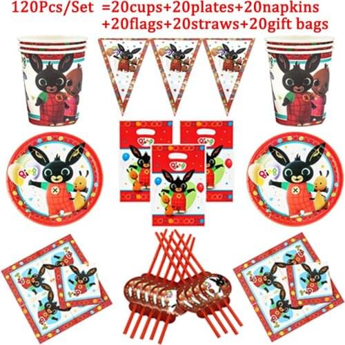 120pcs Rabbit Theme Party Supplies Disposable Tableware Cup Plate Napkin Flags Straws Kid Happy Birthday Decoration Gift bags