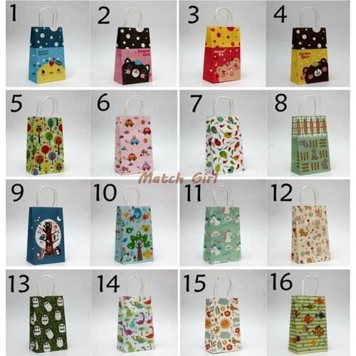 20pcs/lot-21*13*8cm-16style Small Size Cartoon Kraft Paper Bag with Handles Party Wedding Festival Gift Bags