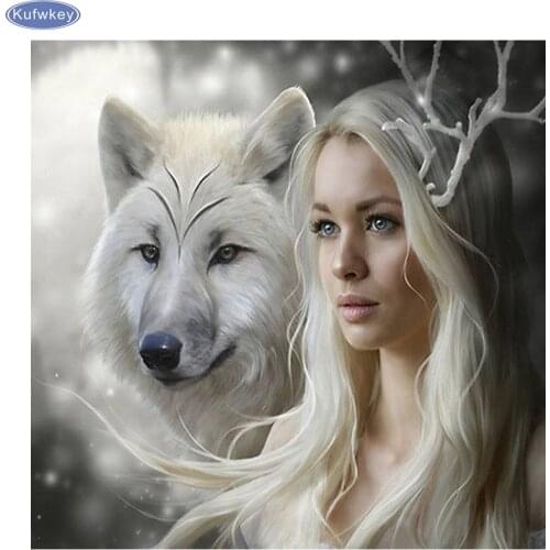 5D Diamond Painting Cross Stitch Needlework Mosaic Resin Full diamond painting wolf and woman,Diamond Embroidery Decor Crafts