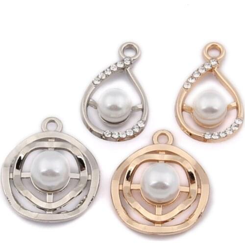 Free Shipping 10pcs Round White Pearl Decorated Silver Gold Tone Plated Zinc Alloy Round Waterdrop Pendant Metal Jewelry Charms
