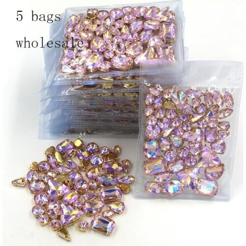 Free shipping Wholesale 5 bags mixed shape sew on glass Pink AB gold base rhinestones diy dress/Clothing accessories