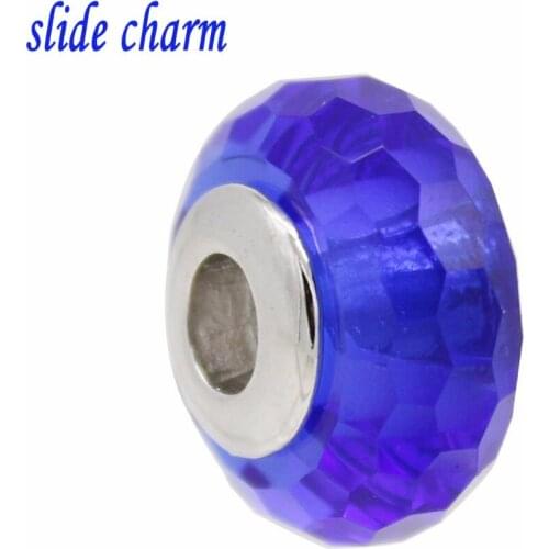 Slide charm Navy blue glass beads new hexagonal hand-cutting process DIY charm fit Pandora bracelet Free shipping
