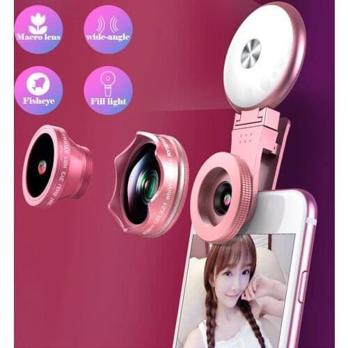 HD 4in1 Phone Camera Lenses 0.45X 150° Wide Angle 15X Macro 185° Fish Eye With Selfie Rechargeable LED light Smart Phone Lens
