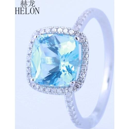 HELON Solid 10k White Gold Certified Cushion 8mm Natural Sky Blue Topaz Diamond Engagement Wedding Ring For Women Fine Jewelry