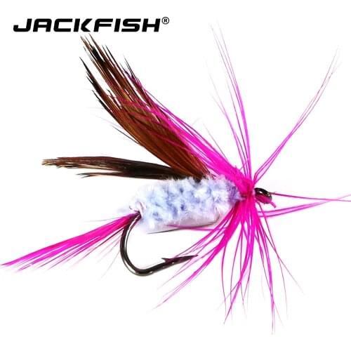 JACKFISH 10pcs/lot Feather Single Treble Hooks Carp Fish Lure Water surface Fly Fishing Lure Artificial Fishing Bait with box