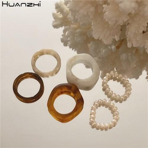 HUANZHI 2020 New Korean Trendy Transparent Geometry Resin 3pcs/set Pearl Bead Rings for Women Girls Simple Jewelry Gifts